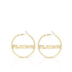 Playboy Gold CZ Nameplate Hoop Earrings